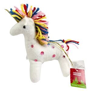 Rhinestone Unicorn Plush Ornament 6" Christmas White Stuffed Animal Yarn Mane